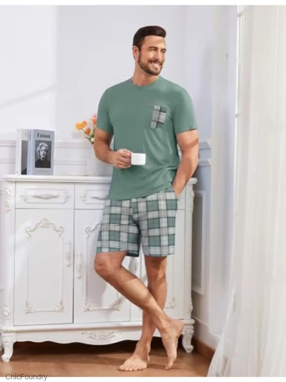 Cotton Blend Plaid Short Sleeve Pajama Set with Shorts 2 Piece Lounge Set